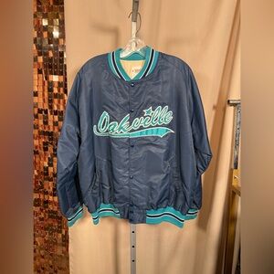 Vtg Oakville Navy Teal Satin Bomber Jacket XL Made in Canada Varsity GJR Darby